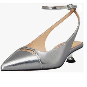 FSJ Silver Low Heel Ankle Strap Pointed Toe Slingback Sandal Elegant Shoes
